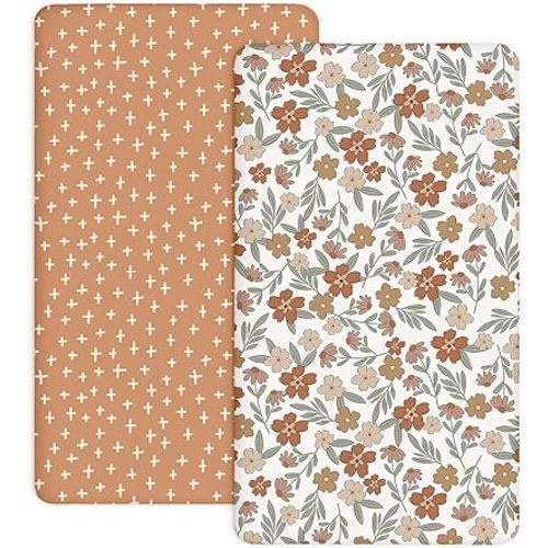 Pack and Play Sheets 2 Pack, Fitted Jersey Knit Mini Crib Sheets for Baby Boys and Girls, Compatible with Graco Pack N Play and Mini Crib Mattress (Rusty Garden, Pack N Play/Mini Crib Sheets)