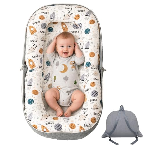 GloTika Baby Lounger, Foldable Infant Nest with Soft Memory Foam Mat, Cover with Adorable Pattern, Converts to Backpack for Easy Travel, 0-12 Months, Rocket