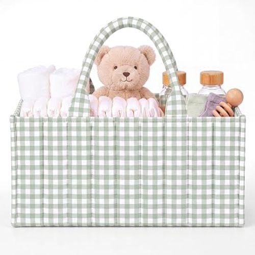 Mifoci Sage Green Gingham Diaper Caddy Organizer Nursery Baby Basket