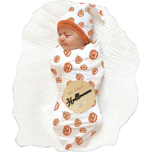 Ylsteed Halloween Baby Swaddle Blanket with Hat, Newborn Receiving Blanket Swaddle Wrap for Girls and Boys, Swaddling Pumpkin Blankets Neutral for Newborn, Soft and Skin-Friendly 32 * 32 inches