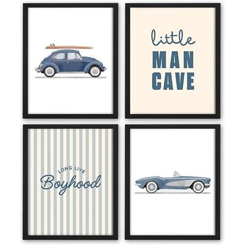 NaZaUK Baby Boy Nursery Decor Poster, Long Live Boyhood Room Decor Wall Art Prints Set of 4, Car Posters for Boys Room, Little Man Cave, Playroom Decor, 8x10inches