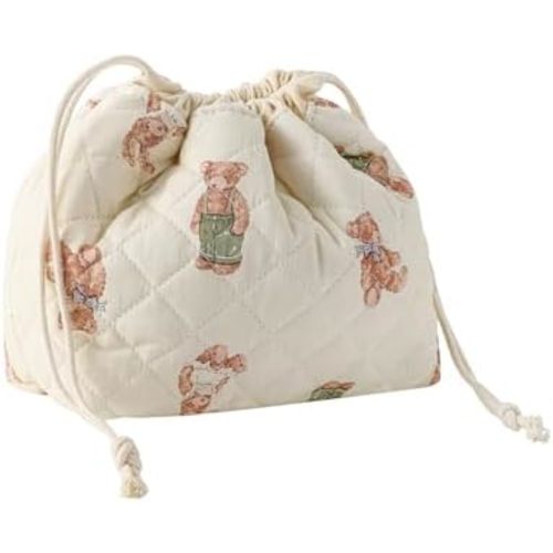 Cotton Quilted Drawstring Makeup Bag with Canvas Lining,Coquette Aesthetic Cute Travel Toiletry Bag,Drawstring Gift Bag for Women and Girls(04White Bear)