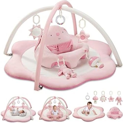 3-in-1 Baby Play Mat, Baby Seats for Infants for Sitting Up, Tummy Time Mat with 5 Detachable Toys, Baby Activity Gym & Playmats for Babies 0-6 6-12 Months, Newborn Baby Shower Gifts