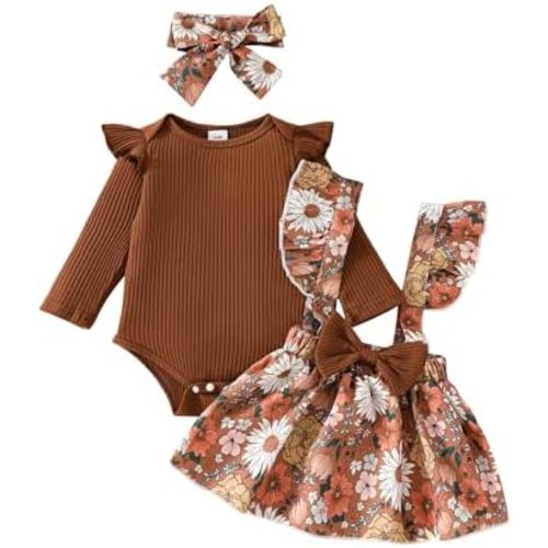 Douhoow Fall Baby Girl Clothes Baby Girl Romper Floral Suspender Dress Skirt with Bow Headband 3Pcs Festival Outfits