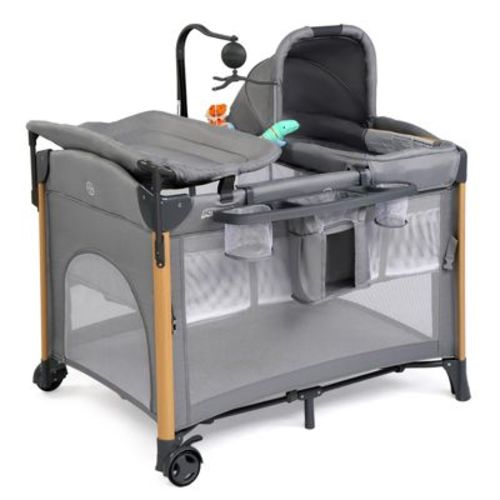 JOYMOR 7 in 1 Bedside Bassinet with Changing Table, All in One Nursery Center, Bedside Sleeper with Mattress, Sheet, Canopy gray