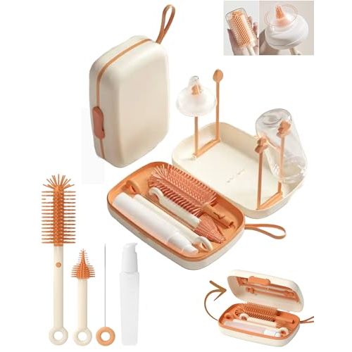 Travel Bottle Cleaner kit, 7in1 Baby Travel Essential Silicone Travel Bottle Brush Set, Nipple, Drying Rack, Straw, & Breast Pump Cleaning, Soap Dispenser & Organizer Case, Gift for Mom (White)
