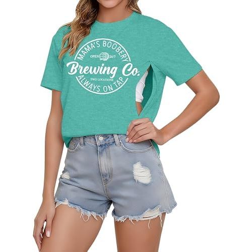 Comfort Breastfeeding Shirts for Women Zip Nursing Tops Causal Distressed Acid Washed Maternity Tees