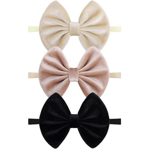 Velvet Baby Bows Headbands Solid Elastic Baby Girl Hair Bows Handmade Newborn Hair Band Bows Infant Toddlers Kids Hair Accessories 3 Pcs Beige Khaki Black