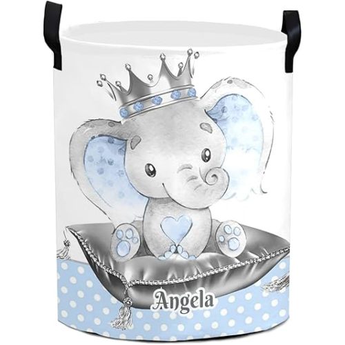 Personalized Custom Elephant Laundry Baskets with Name Collapsible Clothes Storage Basket with Handle for Bathroom Bedroom Kitchen