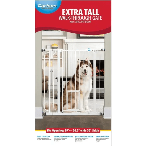 Carlson Extra Tall Walk Through Pet Gate with Small Pet Door, Includes 4-Inch Extension Kit, 4 Pack Pressure Mount Kit and 4 Pack Wall Mount Kit, 36 x 36.5, White