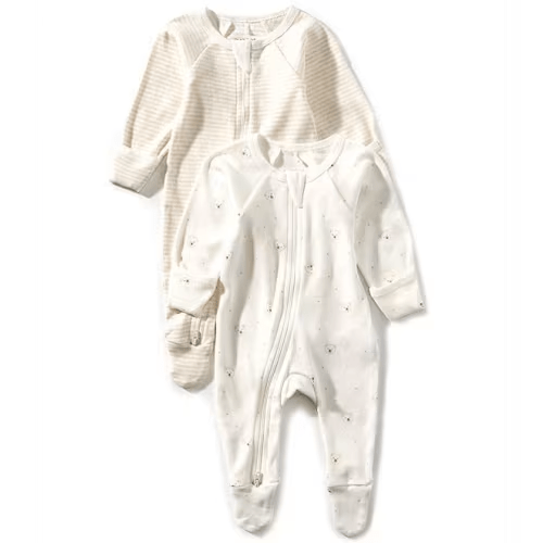 Purebaby Baby Long Sleeve Organic Cotton Zip Footie Growsuit Pack of 2