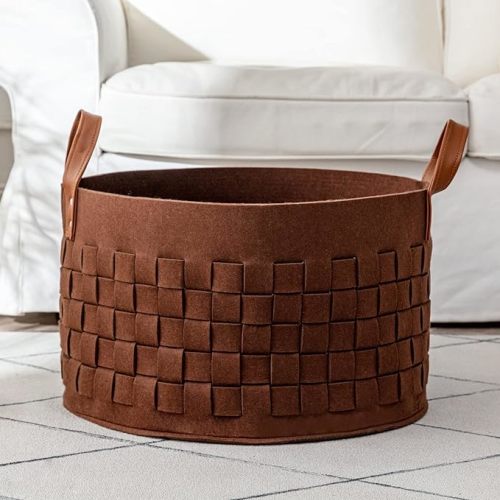 Laundry Basket 20 " x20 x11.8 , Large Felt Fabric Blanket Basket with Leather Handle, Dirt Clothes Laundry Hamper Round for Babies, Dogs and Living Room-Brown