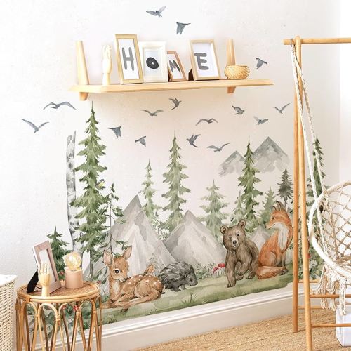 Giant Watercolor Mountain Forest Tree Wall Stickers, Sunoyar DIY Woodland Pine Wall Decal for Kids Boys, Jungle Wild Animal Fox Deer Bear Mural Decor for Nursery Bedroom Living Room Playroom (Green)