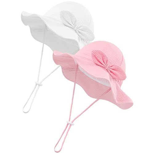 Cooraby 2 Pack Baby Girl Sun Hat with UPF 50+ Breathable Adjustable Beach Hat with Wide Brim Bucket Hat in Seersucker