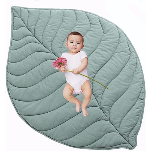Baby Play Mat, 56"X 42"Inch Large & Thick Reversible Folding Floor Cotton Mat, Leaf Shapes Floor Playpen Mat for Girls and Boys, Baby Soft Crawling Playmat. BPA-Free, Non-Toxic.