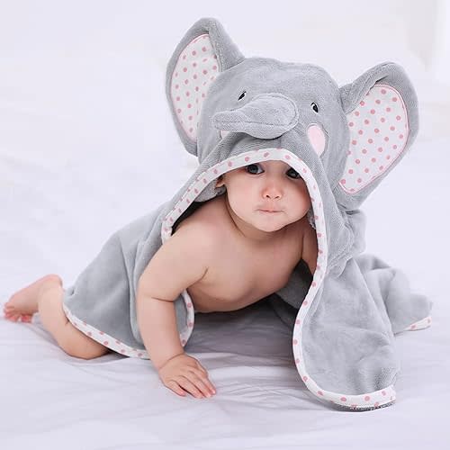 Baby Hooded Towel with Unique Animal Design Ultra Soft Thick Cotton Bath Towel for Newborn (Elephant)