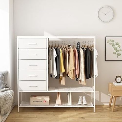 Dresser with Hanging Rack, White Dresser for Bedroom, Chests of Drawers for Closet, 5 Fabric Drawers Clothes Rack, with Sturdy Metal Frame, LED Lights, Charging Station