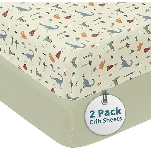 Baby Crib Sheets Neutral - Super Soft & Breathable Dinosaur Print Crib Sheet Set for Boys, Portable Toddler Fitted Sheet Set - 4 Way Stretch Knitted - Pack of 2 - Dinosaur