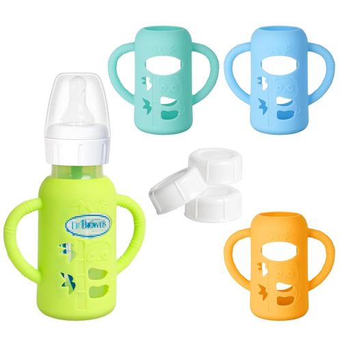 3 Pack Silicone Sleeve with Handle + Narrow Storage Caps, Anti Breakage Baby Bottle Holder, Compatible Dr. Brown's Narrow Baby Bottle(Orange+Blue+Green), 4 oz/120 mL