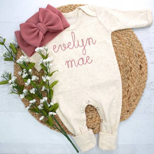 Personalized baby girl oatmeal and mauve vintage romper with headband, Newborn outfit, Embroidered girl coming home outfit, baby shower gift