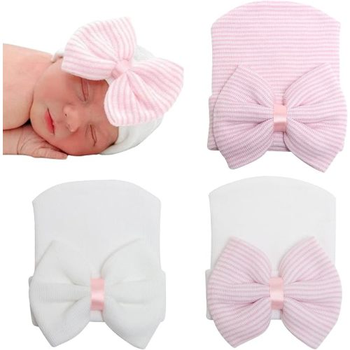 DRESHOW BQUBO Newborn Hospital Hat with Bow Cotton Infant Baby Cap Soft Cute Nursery Beanie Hat for Baby Girl Boy 0-3 Months
