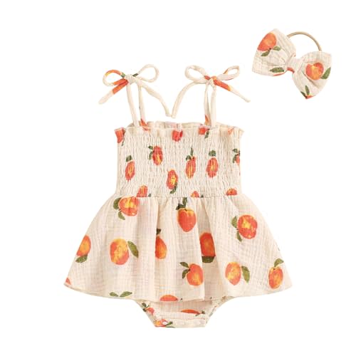 Newborn Infant Baby Girl Summer Outfit Peaches Print Tie Up Spaghetti Straps Smocked Romper Dress + Headband Cotton Jumpsuit