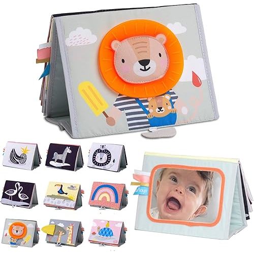 Taf Toys Savannah Infant Tummy-time Soft Crinkle Activity Book with Huge Baby Safe Mirror, 3D Activities, Textures and a Soft Baby Teether