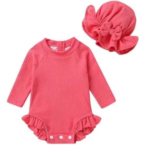 YOUNGER TREE Infant Baby Girls Swimsuit Long Sleeve Swimsuits One Piece Swimsuit Solid Color Bathing Suit with Hat, UPF 50+