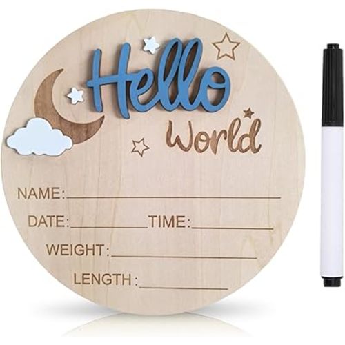 Baby Announcement Sign, 5.9 Inch Wooden Hello World Newborn Signs, Birth Announcement Sign and Pen, Moon and White Cloud Decoration, Welcome Newborn Arrival to World (Navy Blue)