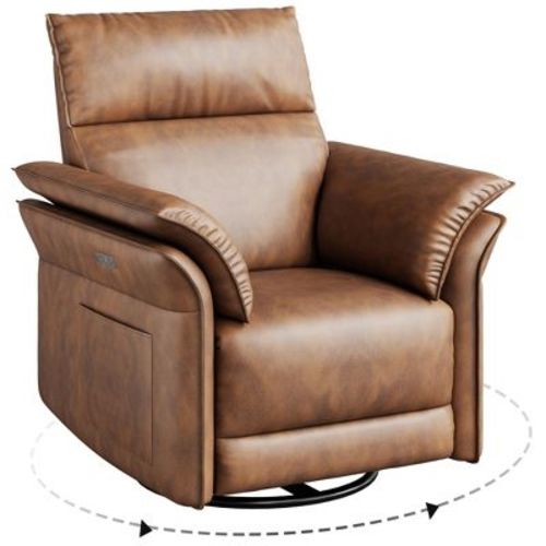Power Recliner Chair Swivel Glider, Upholstered Faux Leather Nursery Reclining Sofa Chair with Charging Port, Adjustable Footrest