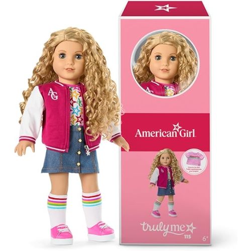 American Girl, Truly Me 18-inch Doll #115 with Gray Eyes, Curly Blonde Hair, Light Skin, Varsity Jacket, for Ages 6+