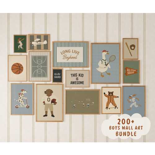 Vintage Sports Nursery Prints Set, Boys Athletic Room Wall Art, Digital Download