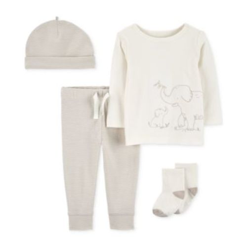 Baby 4-Pc. Cotton Hat, Elephant Top, Striped Pants & Socks Set