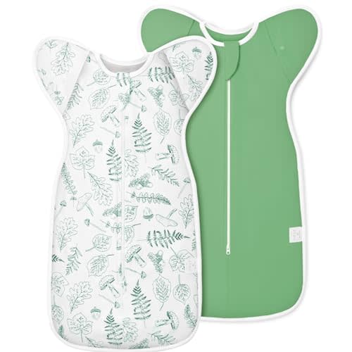 ANYEDDE 2-Pack Newborn Swaddle Sleep Sack - Baby Transitional Swaddle Sack 0-3 Months, Arms Up Swaddles with Cuff Removable Design, Green Leaves, 100% Cotton Newborn Sacks