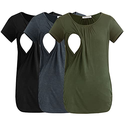 Smallshow Women's Nursing Tops Ruched Short Sleeve Breastfeeding Shirts 3-Pack
