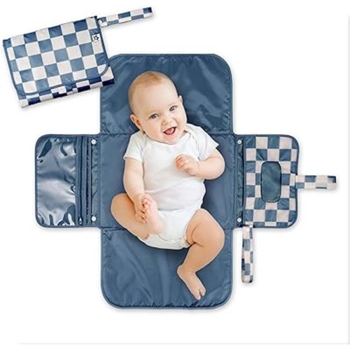 Tiny Twinkle Portable Diaper Changing Pad, Foldable Waterproof Baby Change Pad for Newborn Girl & Boy with Smart Wipes Pocket (Blue Checkers)
