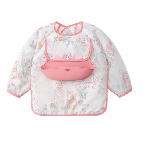 Long Sleeve Bib with Silicone Catch Pocket, Waterproof Feeding Bibs for Toddlers, Machine Washable, Baby Smock Bib for Mealtime & Playtime (6-12 Months, Hare)