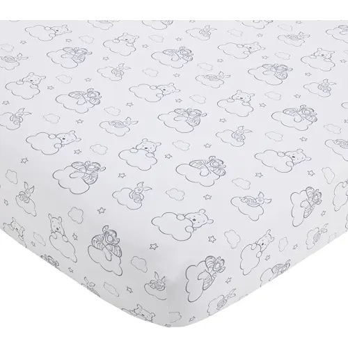 Disney Winnie The Pooh Hello Sunshine Grey & White Cloud Nursery Fitted Crib Sheet with Piglet & Tigger, Grey, White , 28x52 Inch (Pack of 1)