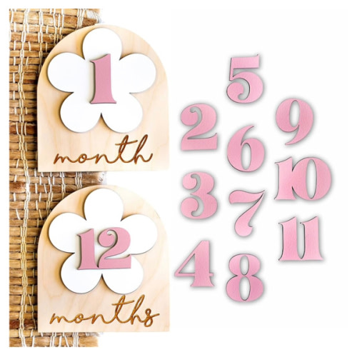 Baby Monthly Milestone Cards Monthly Milestone Discs Newborn Photography Props Baby Announcement Sign Baby Girl Wooden Boho Flower Milestone Card 1-2 Months Interchangeable Milestone (Boho Flower)
