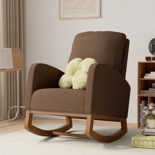 Hawsaiy Modern Velvet Nursery Rocking Chair with Padded Seat & High Backrest,Brown