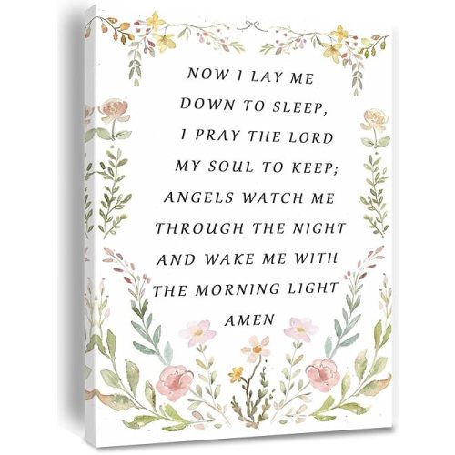 Nursery Bedtime Prayer Baby Room Now I Lay Me Down to Sleep Wildflower Canvas Wall Art Christian Child's Prayer Print Bible Verse Painting Home Decor Baptism Gifts for Girl Framed 8 * 12 inch