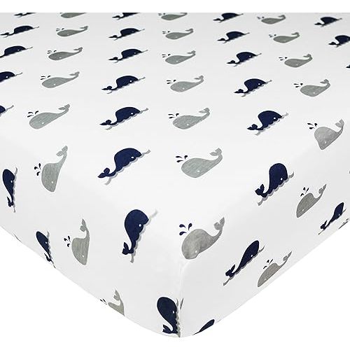 American Baby Company Fitted Crib Sheet 28" x 52", Soft Breathable Neutral 100% Cotton Jersey Sheet, Navy Whale, for Boys and Girls, Fits Crib and Toddler Bed mattresses