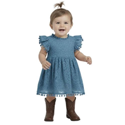 2Bunnies Lace Pom Pom Trim Baby Girl Dress Smoky Blue 24 months