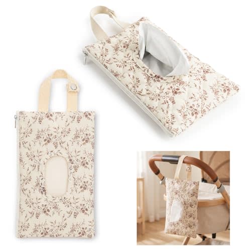 Quilted Diaper Wipe Holder Floral Hanging Pouch Fabric Wet Wipes Bag | Reusable Fabric Cover with Zipper Lanyard, Mommy Bag Portable Hanging Wipes Bag for Stroller Car Casual Travel Outdoor