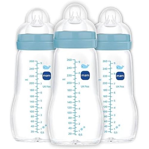 MAM Premium Glass Baby Bottles, Easy Switch Between Breast and Bottle, Feel Good Medium Flow, Newborn Essentials Must Have, 2+ Months, BPA Free, 9oz, Boy, 3pack