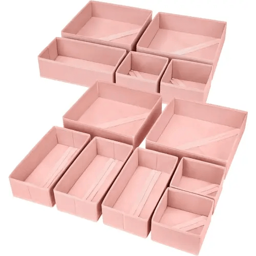 DIMJ Fabric Drawer Organizer Bins - 12 Pack Foldable Sock & Clothes Organizer - Pink