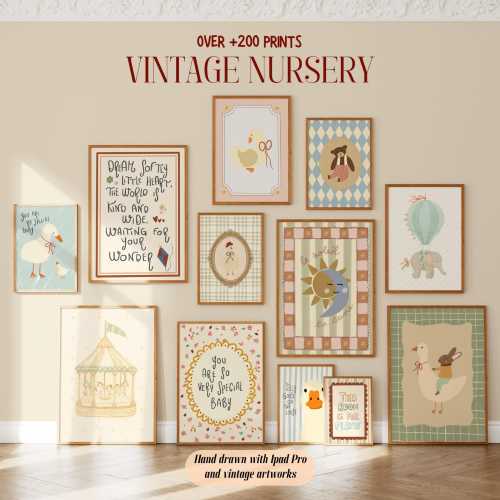 Vintage Nursery Wall Art Bundle 200+ Prints, Retro Baby Room Decor, Cute Animal Illustrations, Hand Drawn Kids Prints, Neutral Baby Art