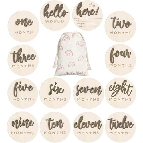 3D Baby Milestone Wooden Circles Hello World Newborn Sign 7 Pack Double Sided Monthly Milestone Cards Sign Baby Announcement Sign for Newborn Shower Photo Props(Brown)