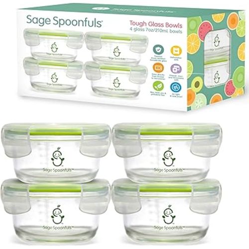 Sage Spoonfuls Glass Baby Food Containers with Lids - 4 Pack, 7 oz Baby Food Jars, Durable, Leakproof & Airtight, Freezer Storage, Reusable Glass Baby Food Containers, Microwave & Dishwasher Safe