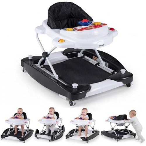 INFANS Baby Walker, 5 in 1 Behind Walker Learning Seated Rocker Bouncer with Removable Music Tray, Adjustable Height, Washable Seat Cushion, Foldable Activity Center for Toddlers (Pink)